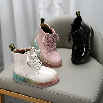 

Autumn children's patent leather ankle boots boys and girls fashion non-slip soft waterproof lace-up kids toddler boots