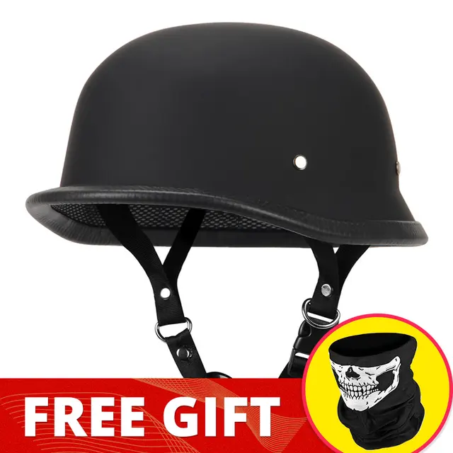 Motorcycle Helmet German Leather Vintage Casco Moto Motorcycle Open Face Retro Half Helmet Chopper Biker Pilot DOT Size S-XXL 307Matte BK-No Glass
