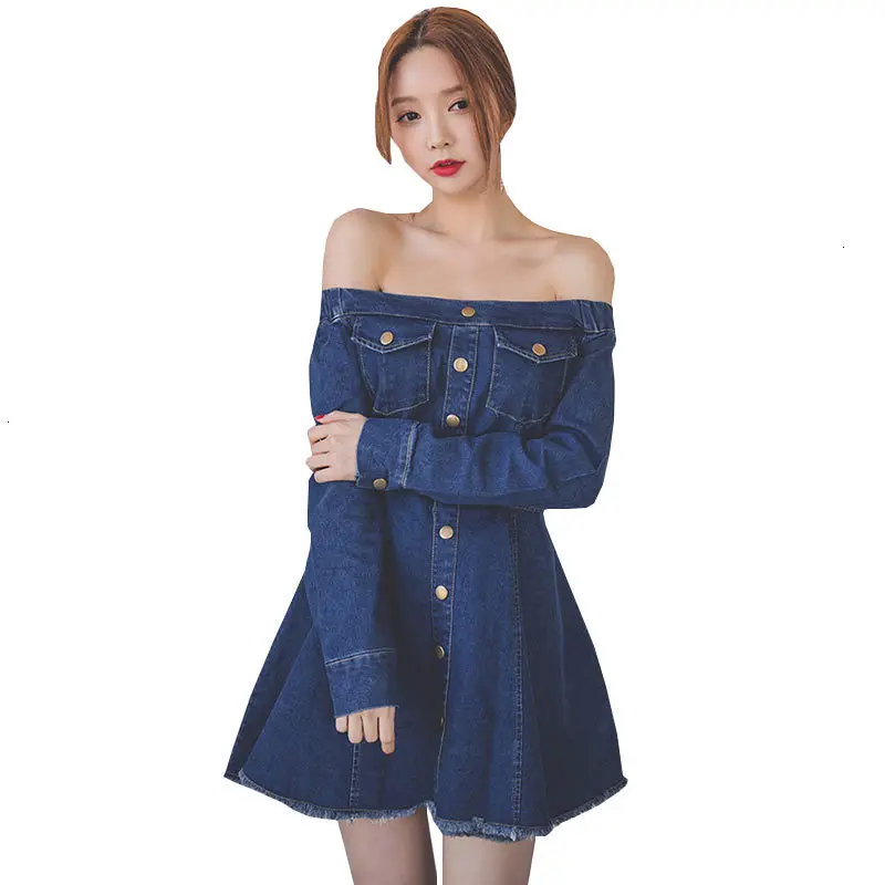 

Spring Renaissance New Women Sexy Denim Dress A word collar exposed Dunne Plus size Sharpening Tail Women's Jeans Dresses WZ480