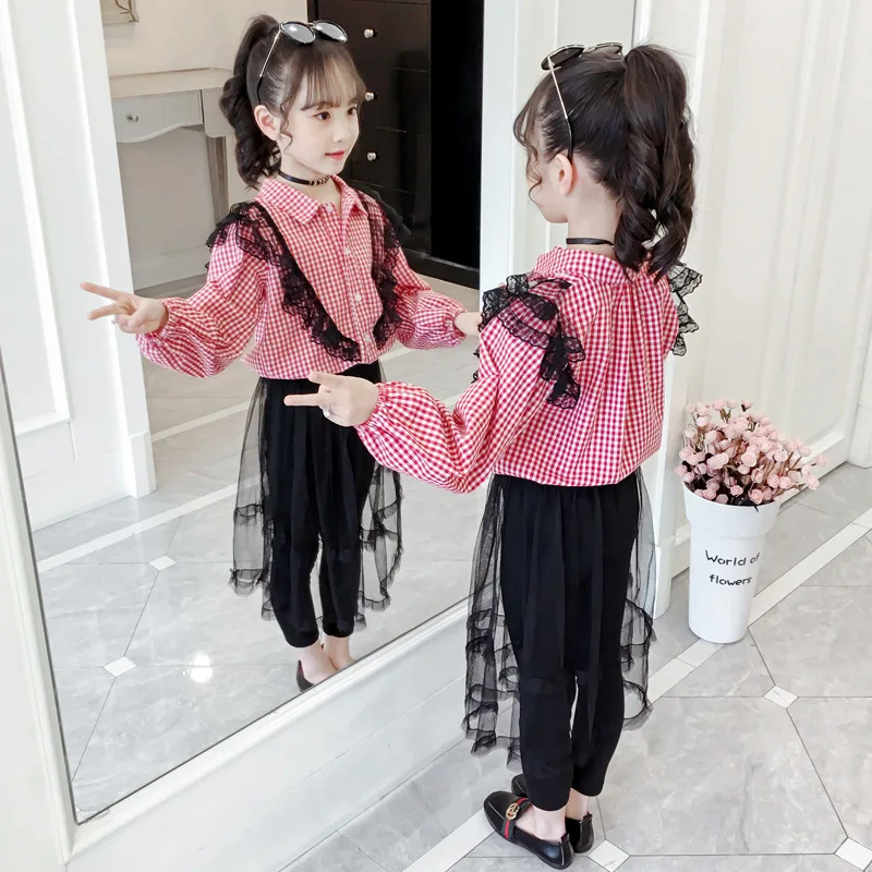 

Children 2019 Fashion Korean-style CHILDREN'S Suit Girls Spring And Autumn Big Boy Lace Checkered Two-Piece Set