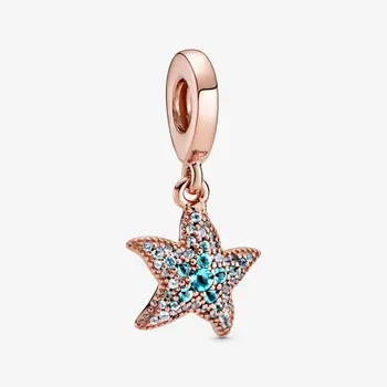 

June New Style 925 Sterling Silver Rose Gold Sparkling Starfish Dangle Charm Fit pandora Bracelet Rose Gold Pendant DIY Jewelry