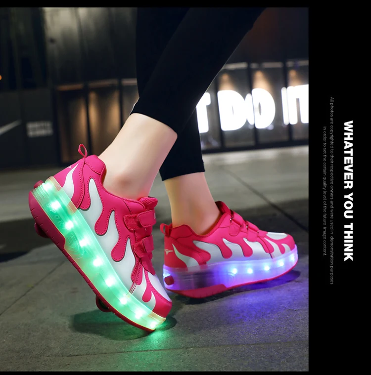 Children Boys Luminous Glowing White Sneakers with Double Two Wheels Roller Skate Shoes Adult Kids USB Charging Shoes Pink Girls best children's shoes