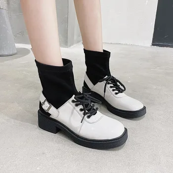 

COOTELILI Women Ankle Boots Round Toe 4.5cm Heel Buckle And Lace Up Round Toe Shoes For Woman Non-slip Black And White 35-39
