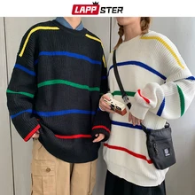LAPPSTER мужская Японская уличная одежда свитер большого размера Harajuku мужской полосатый Радужный пуловер свитер Корейская мода одежда