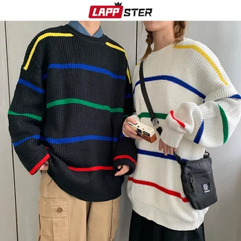 

LAPPSTER Men Japanese Streetwear Oversized Sweater 2020 Harajuku Mens Striped Rainbow Pullover Sweater Korean Fashions Clothing