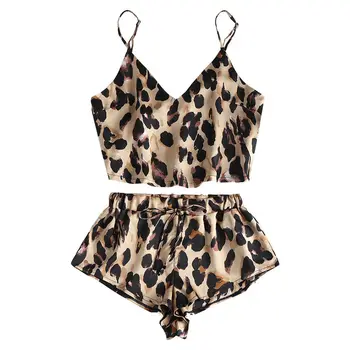 

Hirigin Women Sexy Leopard Print Pajama Sets Sleepwear Lady Satin V-Neck Pyjamas Sleeveless Hot Cami Top and Shorts 2Pcs Suits