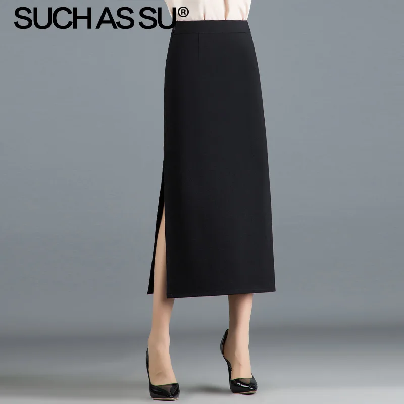 Black skirt Новая осенне-зимняя вязаная юбка средней длины, женская черная юбка-карандаш с высокой талией, S-3XL размера плюс, Женская юбка с высоким разрезом - Цвет: Black skirt