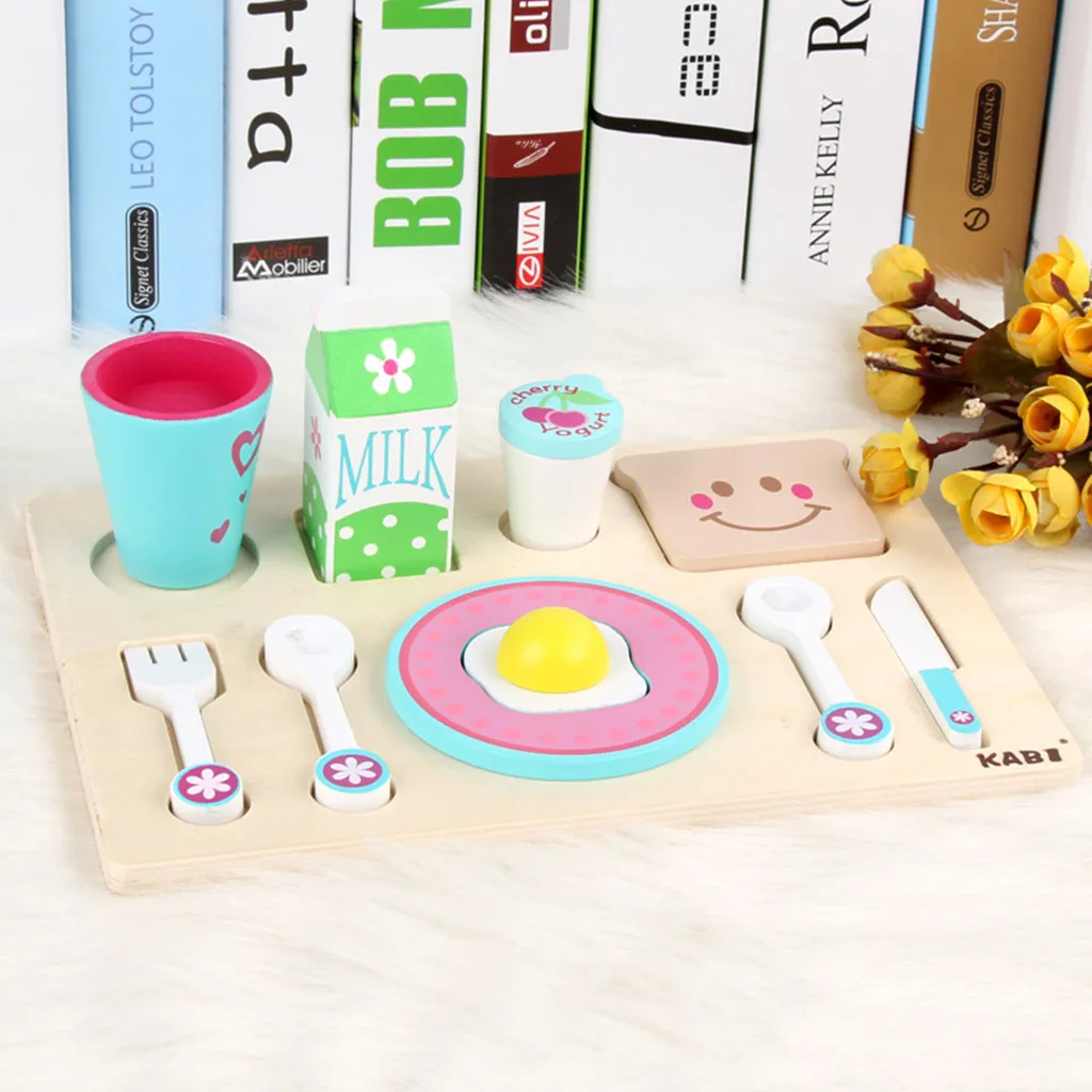 Children Pretend Role Play Wooden Breakfast Set Pretend Play Cooking Playset Toddler Kids Classic Educational Pretend Toys M840
