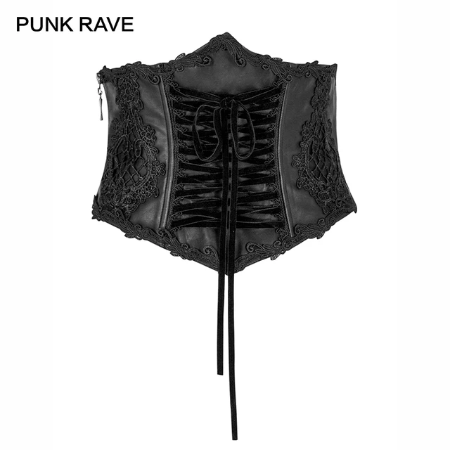 PUNK RAVE Gothic Harness Brocade Draw String Women Leather Corset Lolita  Embroidery Bandage Stage Performance Black