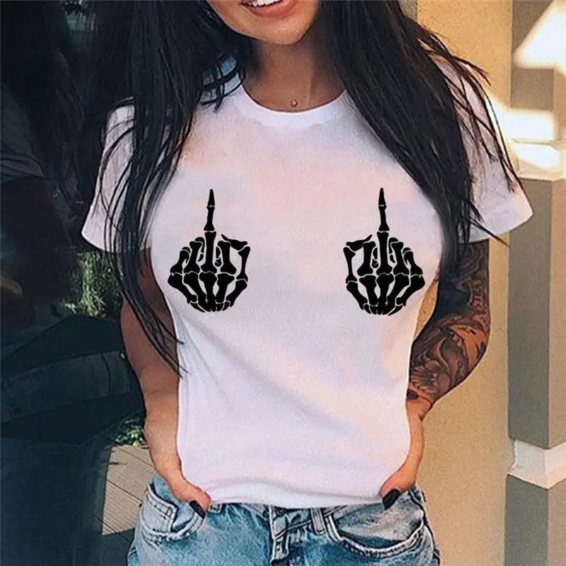 Summer New Fashion Middle Finger Chest  Graphic Printed  Round Neck  T Shirt  Casual Simple Women Tee Tops off white t shirt