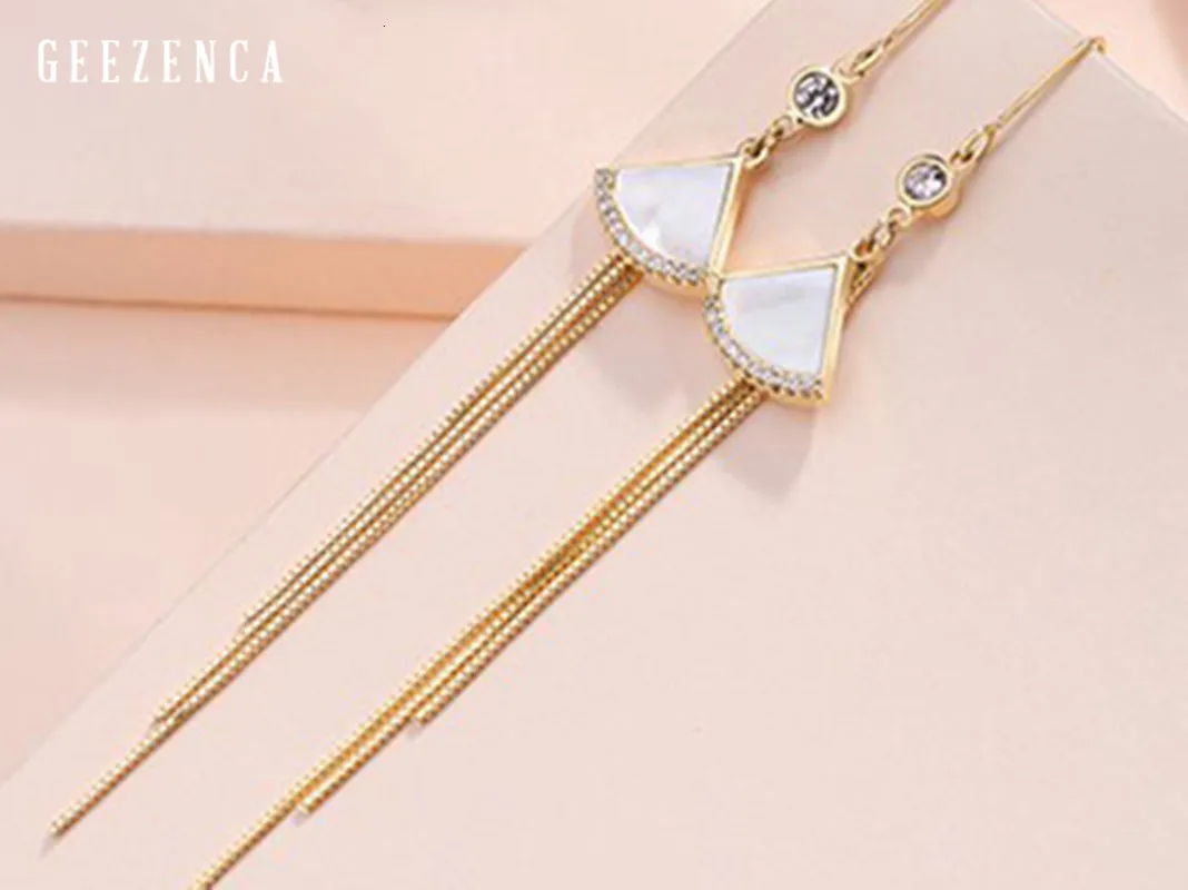 925 Sterling Silver Fan-shaped Shell Zircon Golden Tassels Drop Earrings Korean Trendy Classic Dangle Earring Women Party Gift