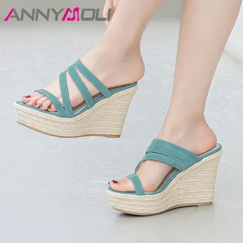 

ANNYMOLI Narrow Band Women Shoes Espadrille Platform Wedges Heels Slippers Kid Suede Summer Fashion Slides Ladies Sandals Blue