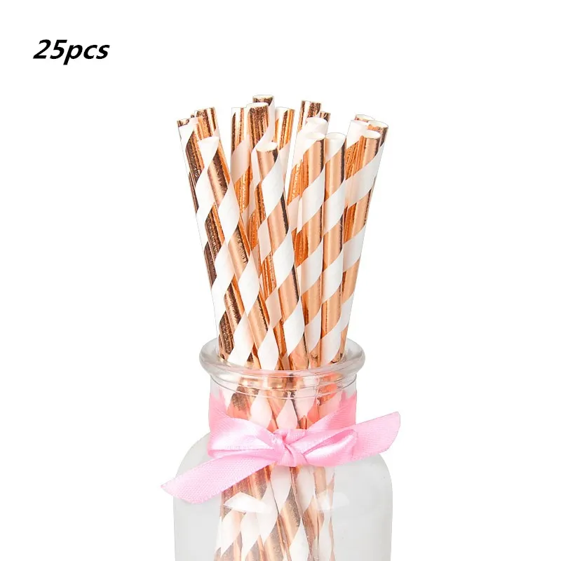 Вечерние одноразовые столовые приборы набор розово-золотой бумажный стаканчик, тарелка принадлежности для соломинок для детей день рождения Декор для детского душа вечерние принадлежности - Цвет: 25pcs straw