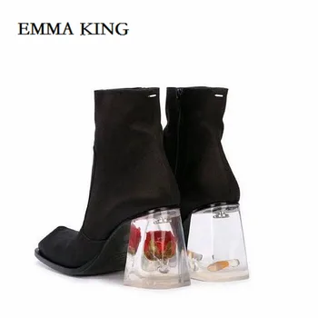 

Women Black Satin Square Toe Ankle Boots Chic Rose Cigarette Transparent Clear Chunky High Heels Short Boots Autumn Shoes Woman