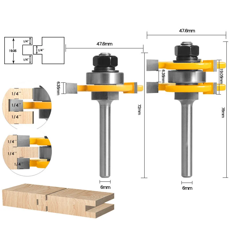 

2 pcs 6mm-12.7mm Shank high quality Tongue & Groove Joint Assembly Router Bit Set 3/4" Stock Wood Cutting Tool