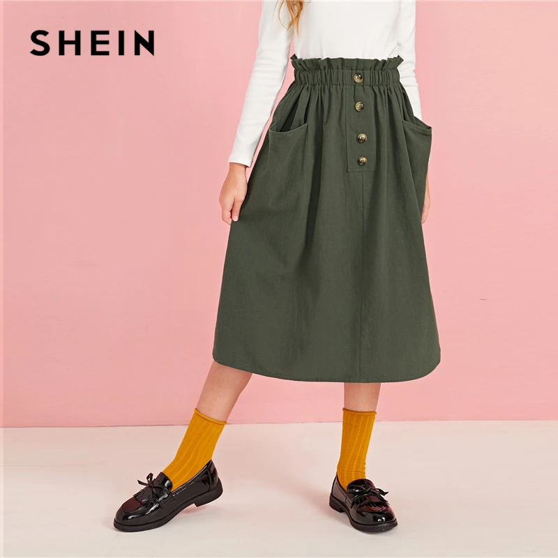 SHEIN/детская повседневная юбка армейского зеленого цвета с пуговицами спереди г., Осенняя детская юбка средней длины с карманами на талии