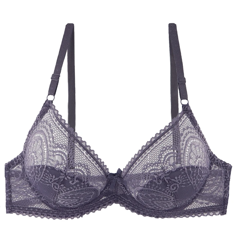 Xiushiren Thin Cup Lace Bras for Women Underwired Little Cotton Padded Bra Deep V Sexy Brassiere for Small Chest 75 80 85 - Цвет: B09-Blue Grey