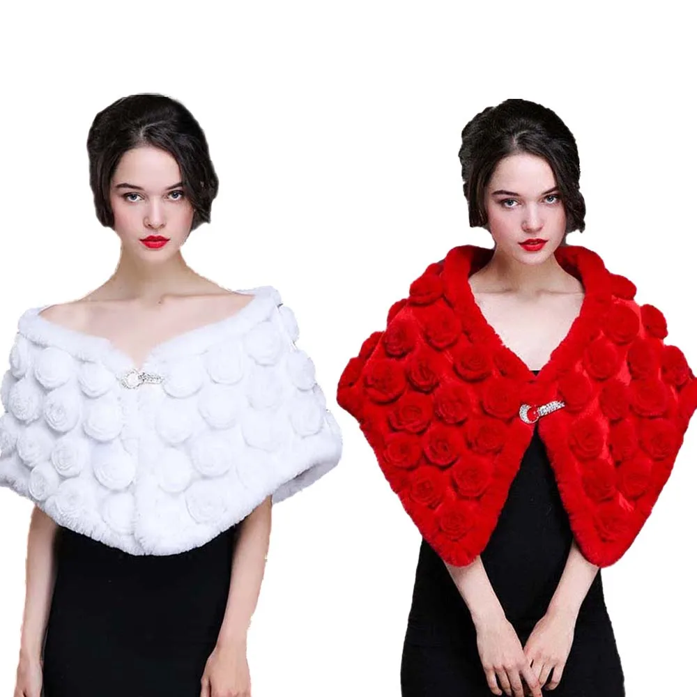 Real Fur Shawl Wraps Rex Rabbit Fur Warm Rose Cape Women Wedding Party 140*40cm