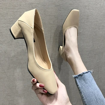 

SLHJC Women Pumps Shoes Spring Summer 4.5 CM Mid Heel Square Toe Slip On Casual And Office Work Shoes Leather Pumps Fold Heel