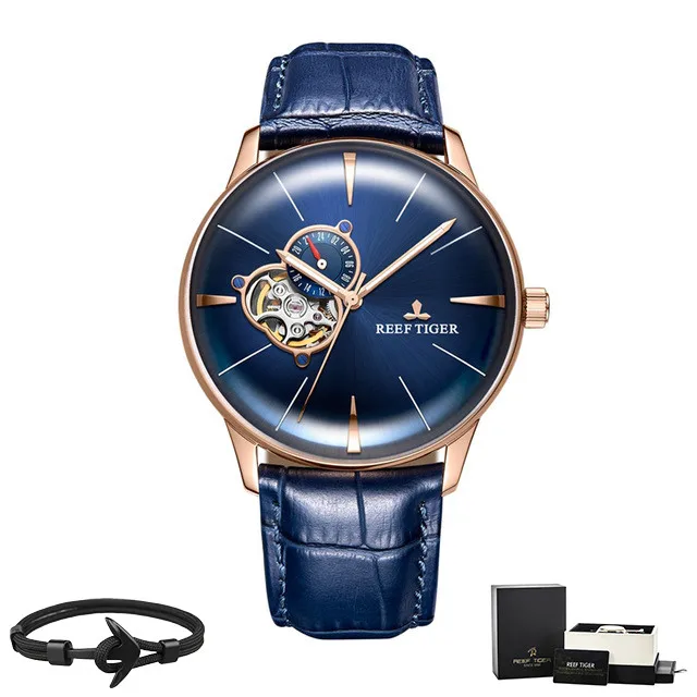 Reef Tiger бренд Tourbillon черный циферблат водонепроницаемые автоматические часы Топ Механические Роскошный кожаный ремешок мужские часы reloj hombre - Цвет: RGA8239-PLL Box Gift
