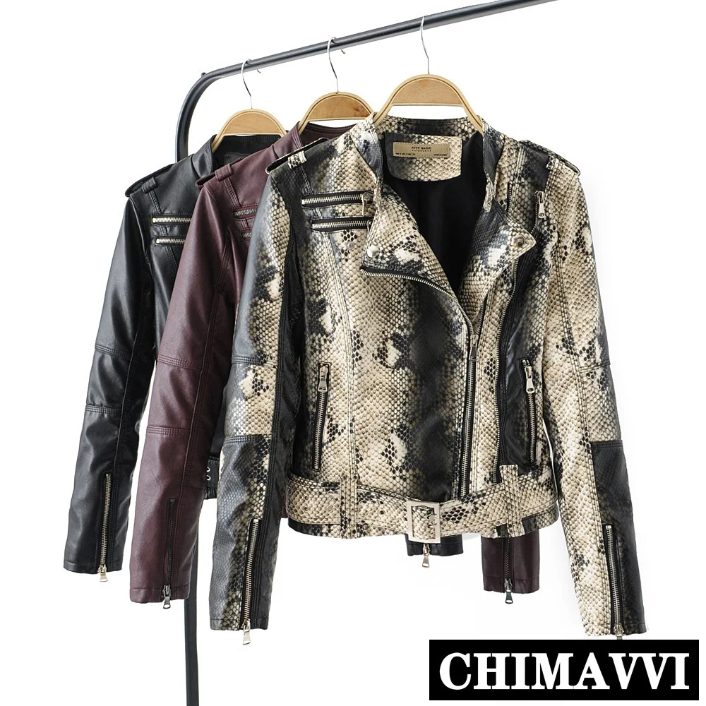 

European 2019 Spring and Autumn New Motorcycle PU Leather Jacket Ladies Snake Pattern Jackets Belt Waist Short Coat Streetwear