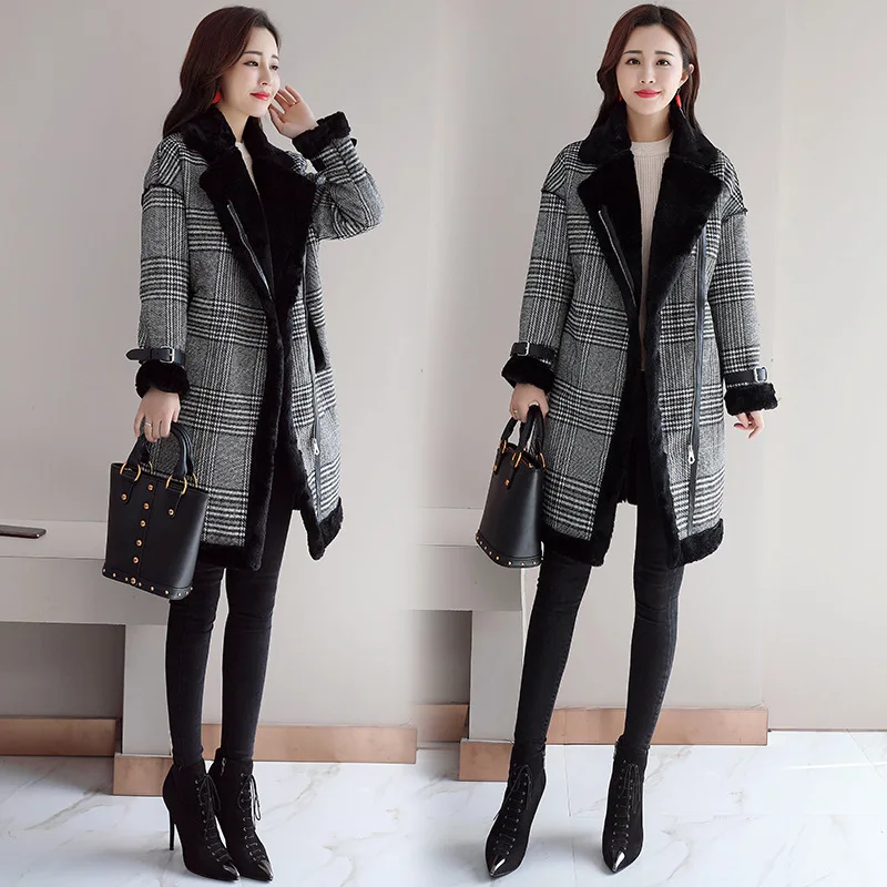 

CHIC Lambs Wool Coat Women's Mid-length Korean-style 2019 Winter New Style Thick plus Velvet Warm Plaid Overcoat