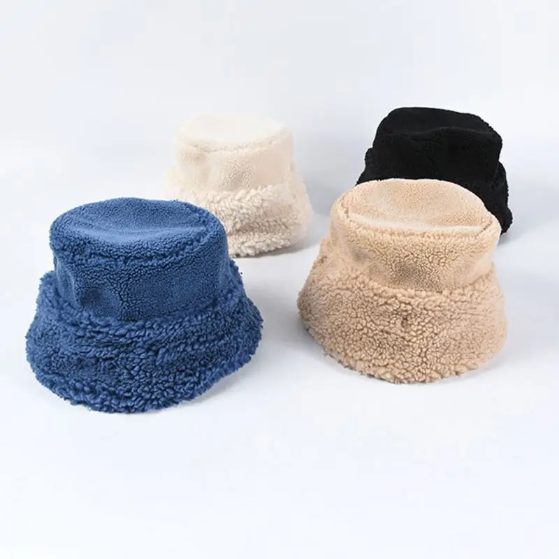 Winter Warm Fisherman Cap Faux Wool Girl Flat Top Packable Outdoor Bucket Hat