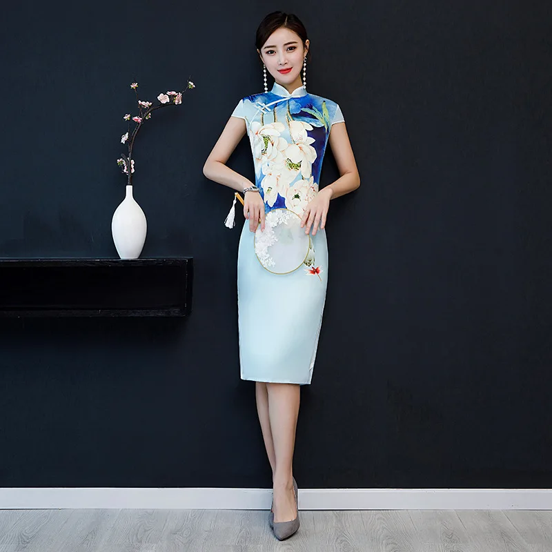 

New Arrival Chinese Classic Print Flower Qipao Female Elegant Cheongsam Mandarin Collar Slim Dress M-3XL