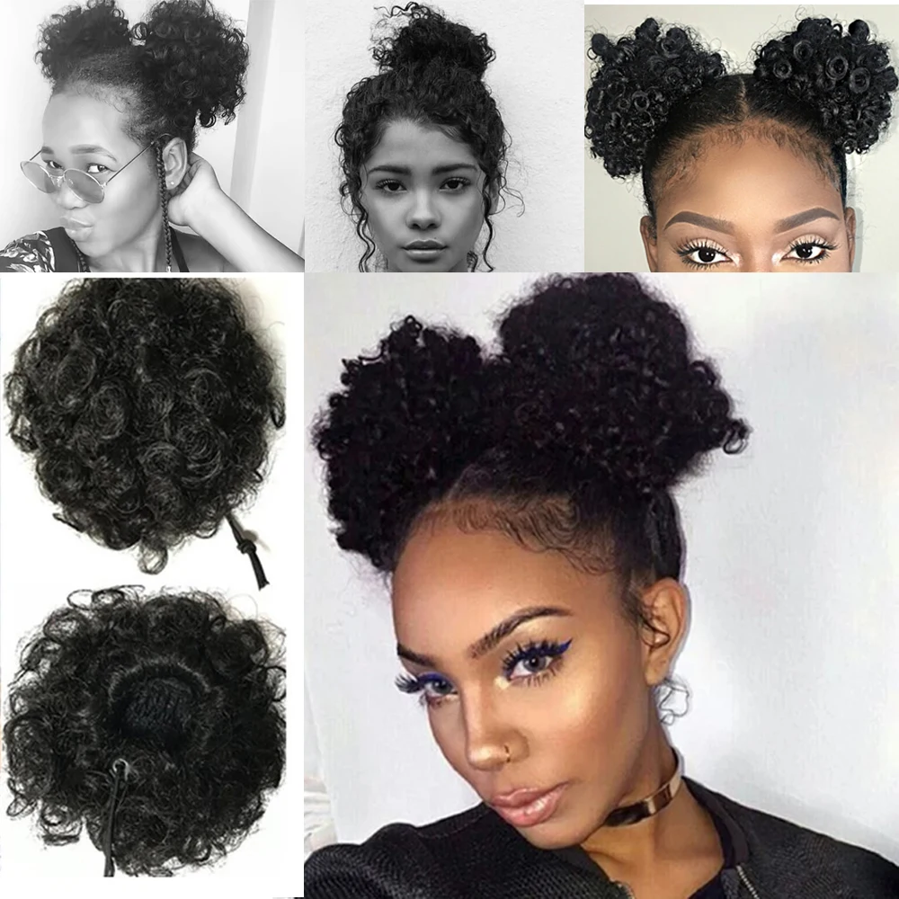 2Pcs Synthetic Afro Kinky Hair Bun Chignon Postiche Cheveux High Temperature Fiber Drawstring Ponytail on Puff Hair Bun For Kids