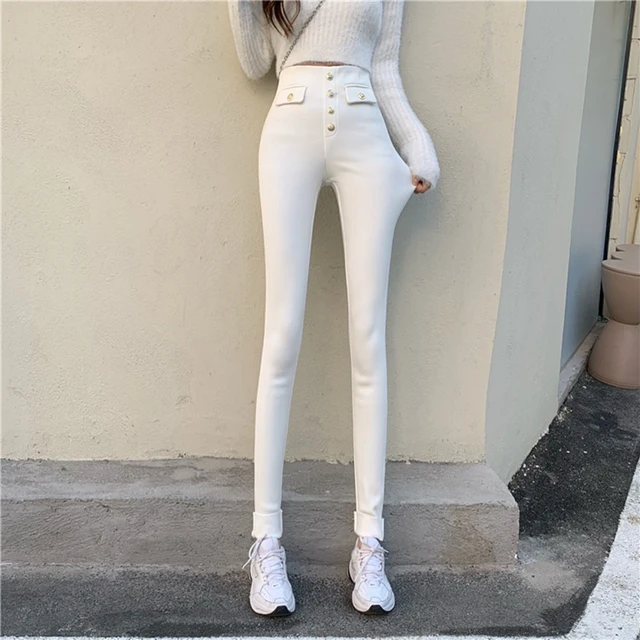 Button Solid Elastic High Waist Skinny Mom Pants Women Korean