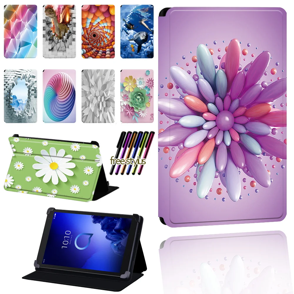 

3D Pattern Tablet Case for Alcatel 1T 7 10/3T 8 10/A3 10 Tablet Foldable Anti-fall Protective Case Cover + Pen