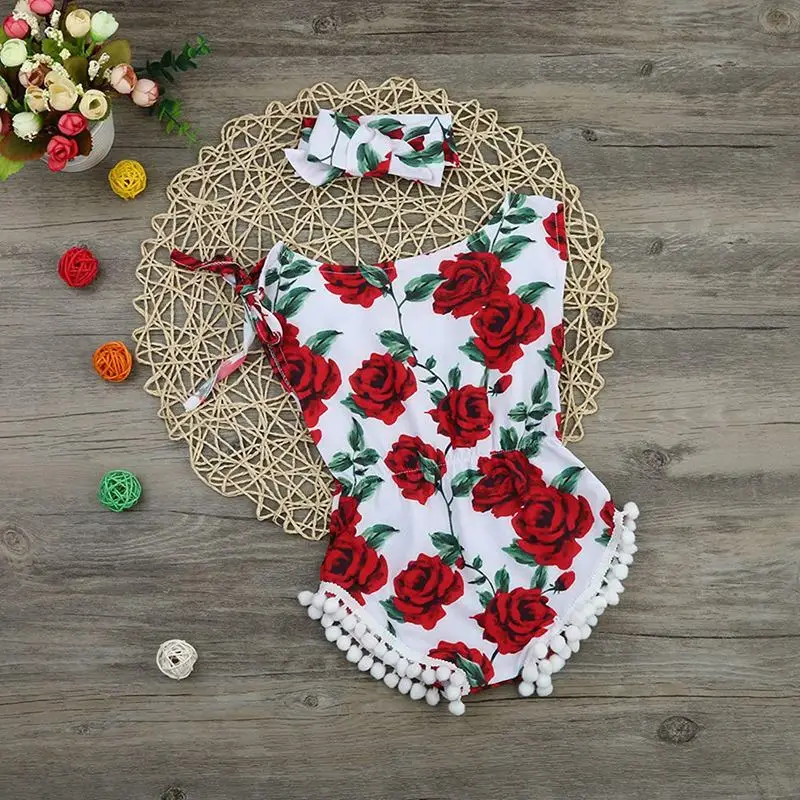 Комплект из 2 предметов; Детский комбинезон без рукавов с розами для маленьких девочек; комбинезон+ повязка на голову; комплект одежды(красный