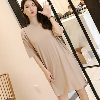 

Solid O Neck Summer Sleep Dress Women Lingerie Casual Silk Nightgown Nightdress Loose Knee-Length Sleepwear Homewear