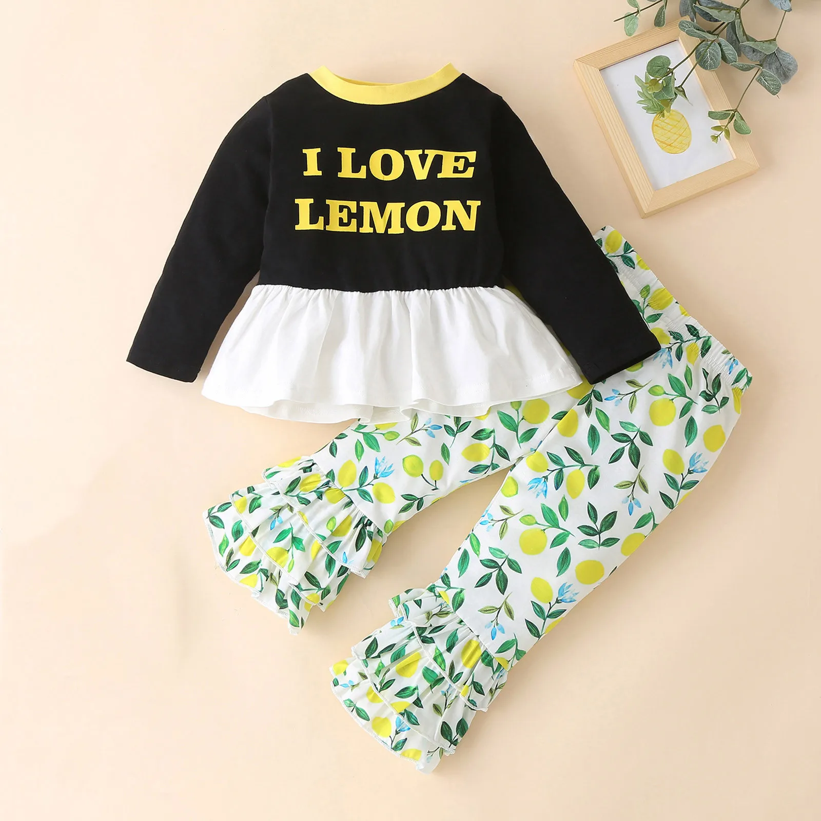 

I love lemons Small fresh branches printing suit Kids Children Girl Winter Letter Print Floral Clothes Tops+Pants Outfits New M5