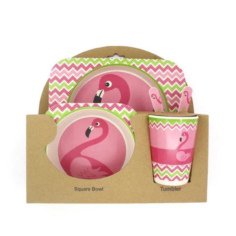 Flamingo 5 шт./компл. мультфильм животных пластина+ галстук-бабочка+ вилка из овечьей шерсти+ стакан-столовая посуда набор для кормления из бамбукового волокна; детские, для малышей контейнер посуда набор - Цвет: Flamingo