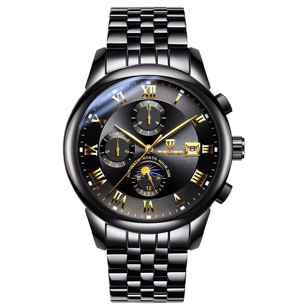 Tevise Men'S Mechanical Watch Automatic Waterproof Calendar Casual Men'S Watch Spiral Crown Watch - Цвет: full black golden