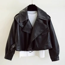 

New Autumn Women Faux Leather Jacket Biker Red White Coat Turndown Collar PU Motorcycle Jackets Loose Streetwear Outerwear
