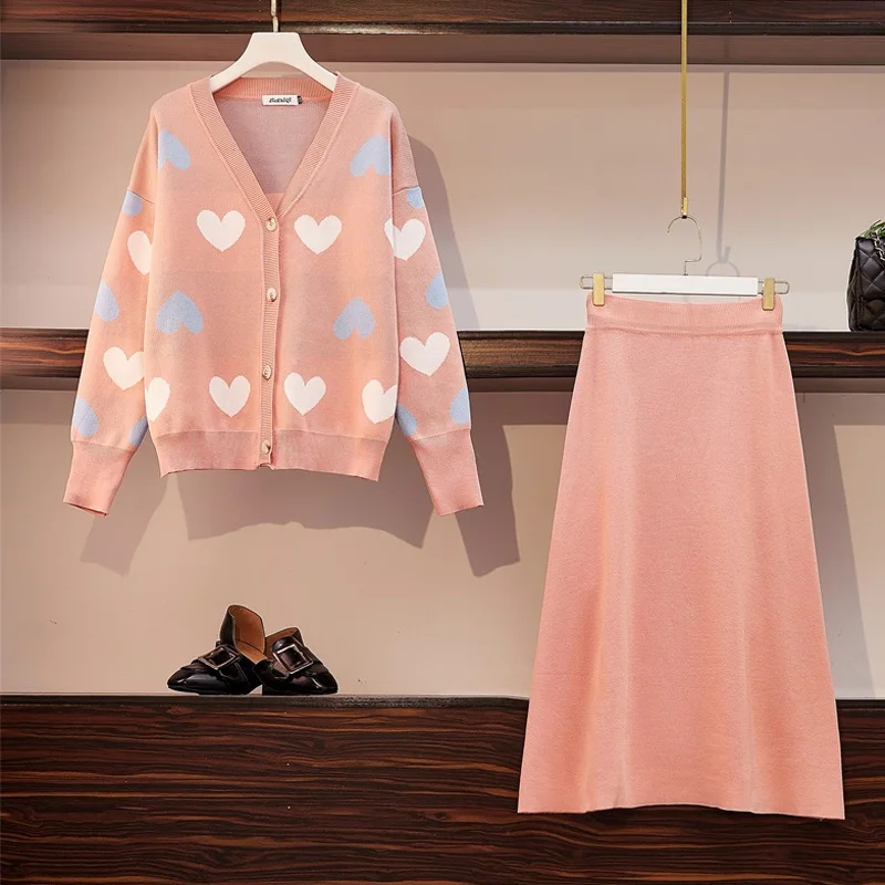 

Women Autumn Elegant Knitted 2 Pieces Clothing Set Suits Love Print V Neck Double-Breasted Cardigans Sweater Tops + A Line Skirt