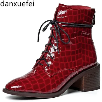 

Plus size 34-42 women's genuine leather thick high heel lace-up autumn ankle boots Stone pattern short Motorcycle boots shoes