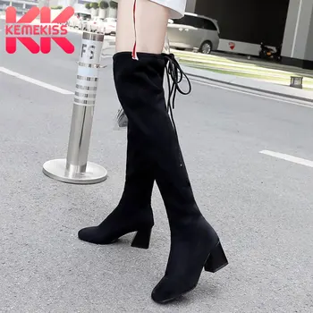 

KemeKiss Women Over The Knee Boots Casual Lace Up Soft Stretch Shoes Women Brand New Winter High Heels Long Boots Size 34-43