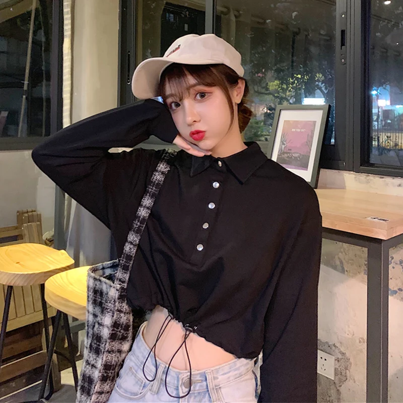 casual turn-down collar button full Korean style ladies tops Women's Clothing high quality Spring and autumn fashion T-Shirts | Женская