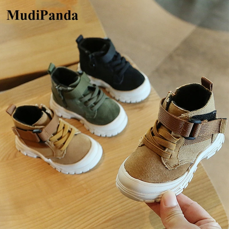 

MudiPanda 12-15.5CM Brand Genuine Leather Boys Girls Sneakers Boots Yellow Green Black Motorcycle Boots Shoes Warm Winter Shoe