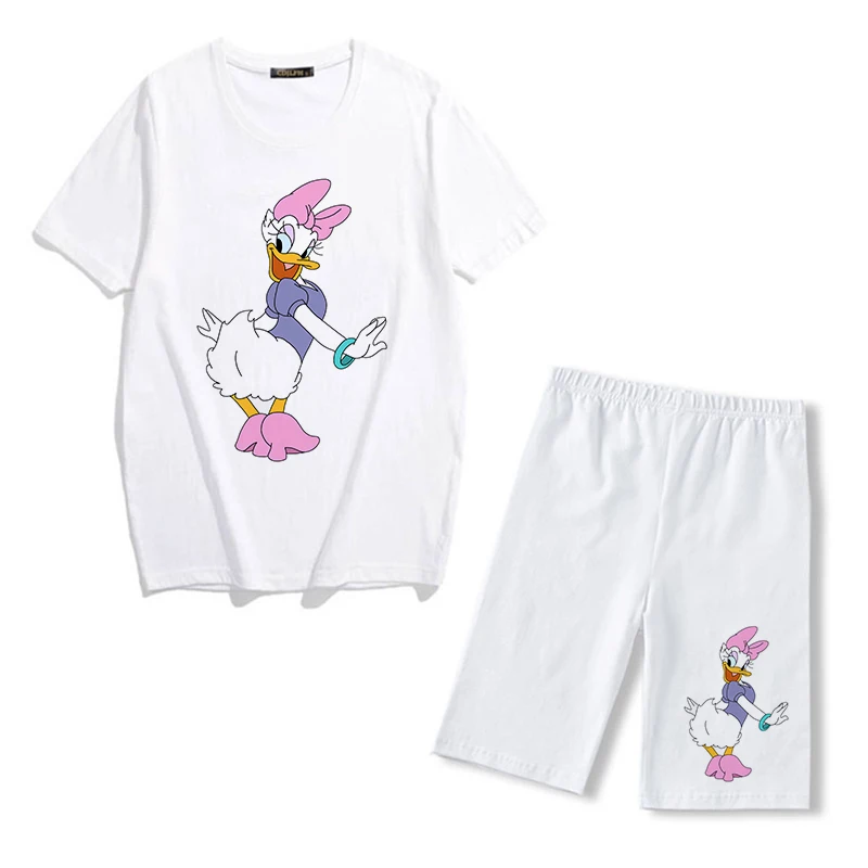 Disney Donald Duck Cartoon Print Fashion Women Two Piece Set Short Sleeve T-shirt+sports Shorts Summer Casual Tracksuits Clothes plus size jogger set