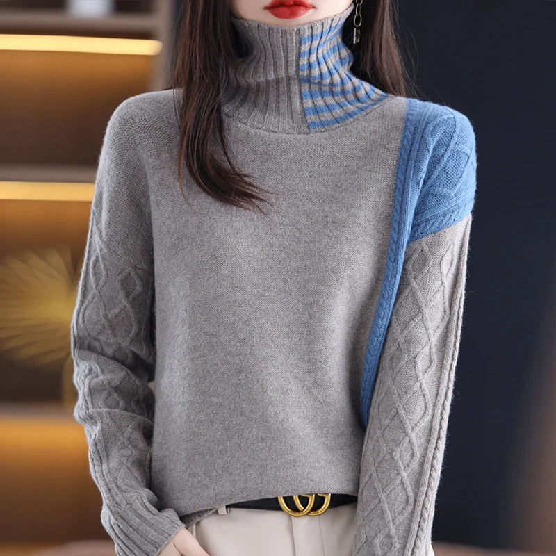 

Patchwork Winter Thicker 100% Wool Knitted Sweaters Women Turtleneck Loose Pullovers Female Warm Knitwears