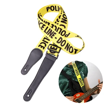 

Adjustable Yellow Guitar Strap Police-Line Words Pattern with Genuine Leather Head for Acoustic Electric Bass Guitars