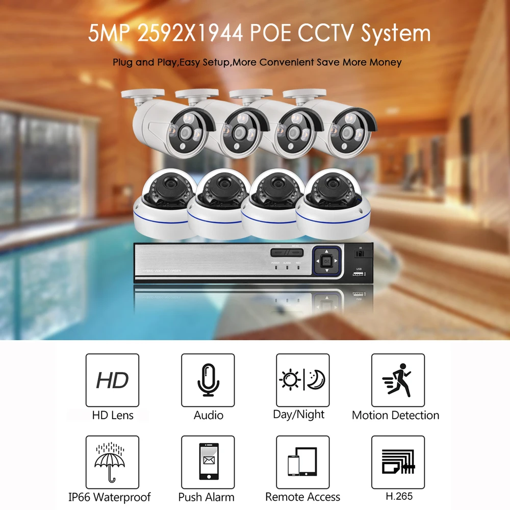 AZISHN H.265 8CH 5MP POE NVR Kit CCTV Security System Dome Indoor Outdoor 5.0MP Audio Camera P2P Onvif Video Surveillance Set