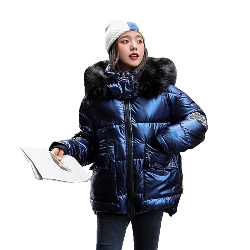 

Women Short Detachable Fur Collar Glossy Hooded Oversize Winter Down Coat Student Thick Warm Jacket Cotton Padded Wadded Parkas