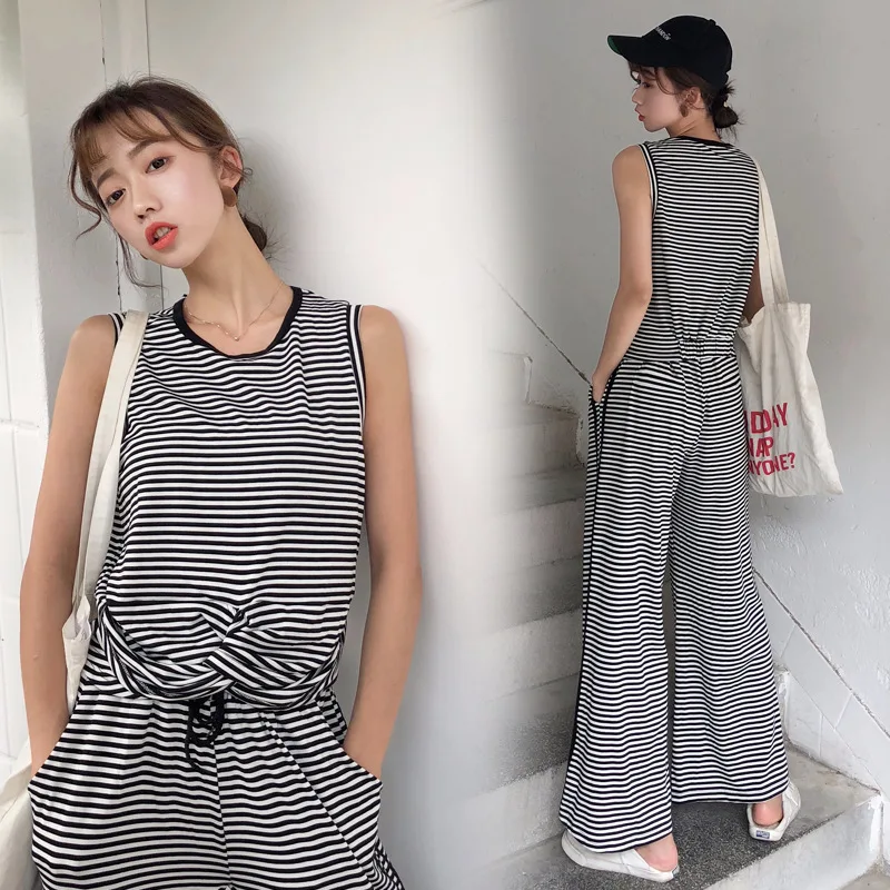 

2019 Spring And Summer New Style Fashion Black WOMEN'S Suit Western Style CHIC Stripes Vest High-waisted Loose Pants Two-Piece S