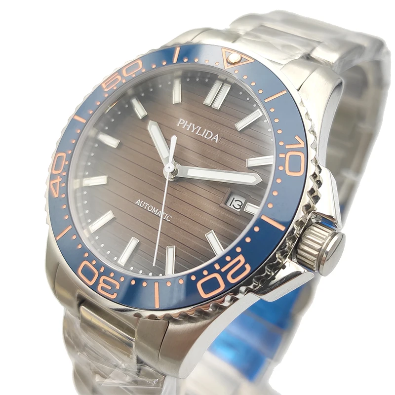 

40mm Men's Watch Brown Dial With Date Automatic Movement Sport Wristwatch Sapphire Crystal Blue Ceramic Bezel Insert