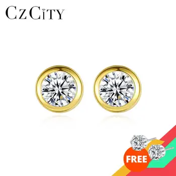 

CZCITY Authentic 14k Gold Classic Round Shiny AAA Zirconia Stud Earrings for Women Yellow Gold Fine Jewelry Au585 Brincos E14115